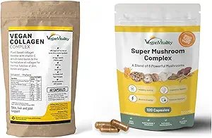 Vegansk Vitality Nutrition Booster Bundle - Super Mushroom Complex og Collagen Booster. Høj styrke Plant baseret formel for hud, hår, immunitet og samlet sundhed for vegetarer og vegetarer