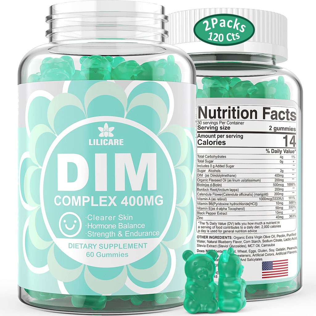 DIM tillæg Kvinder 400mg, Østrogen tillæg for kvinder, Sukker fri DIM gummier for mænd & kvinder + Biotin, Flaxseed Oil, Burdock, Calendula, BioPerine for Hormone Balance, Menopause & Prostata 120Cts