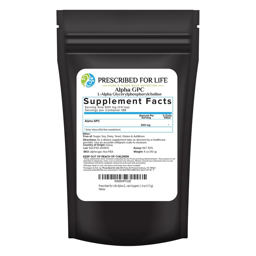 Præskrevet for Life Alpha GPC Powder, L Alpha glycerylphosphorylcholin, Cholin Supplement for Cognitive Function, Non GMO, Vegan, Soy Free (113g)