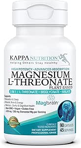 Kappa Nutrition drevet af Magbrain ™ Magnesium L- Threonat Plant- baseret, 420mg Elemental Magnesium (3 kapsler) fra 2,253mg, 90 Vegankapsler, Brain, Sleep & Muscle Support.