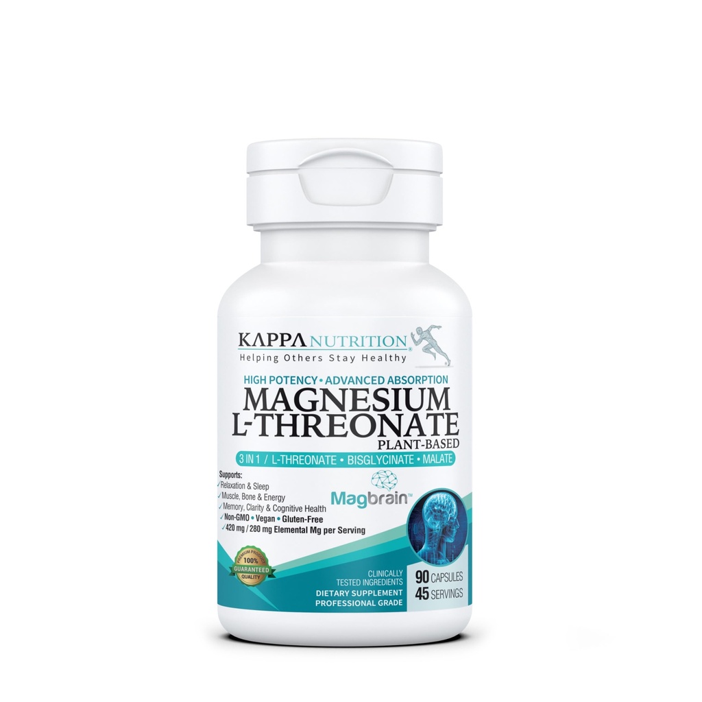 Kappa Nutrition drevet af Magbrain ™ Magnesium L- Threonat Plant- baseret, 420mg Elemental Magnesium (3 kapsler) fra 2,253mg, 90 Vegankapsler, Brain, Sleep & Muscle Support.