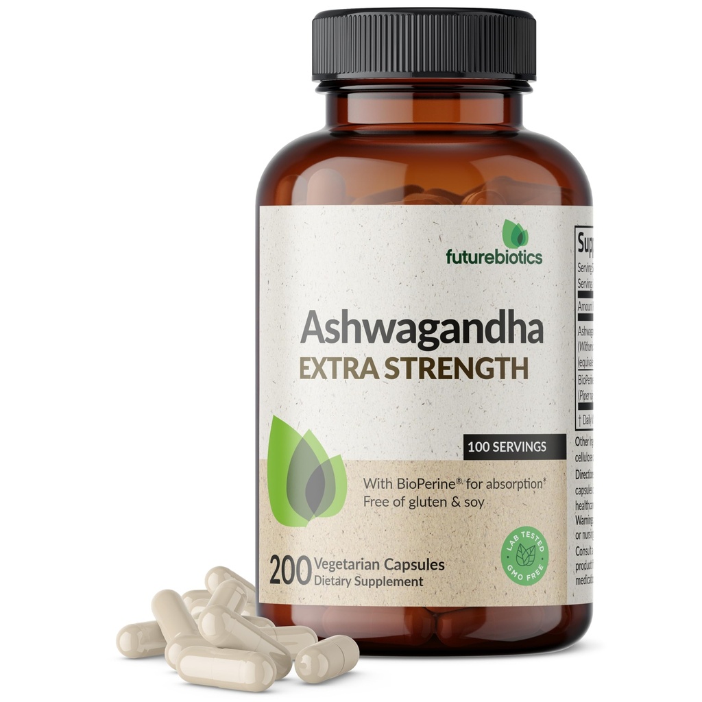 Futurebiotika Ashwagandha Ekstra styrke Stress & Mood Support med BioPerine - Ikke GMO formel, 200 vegetariske kapsler