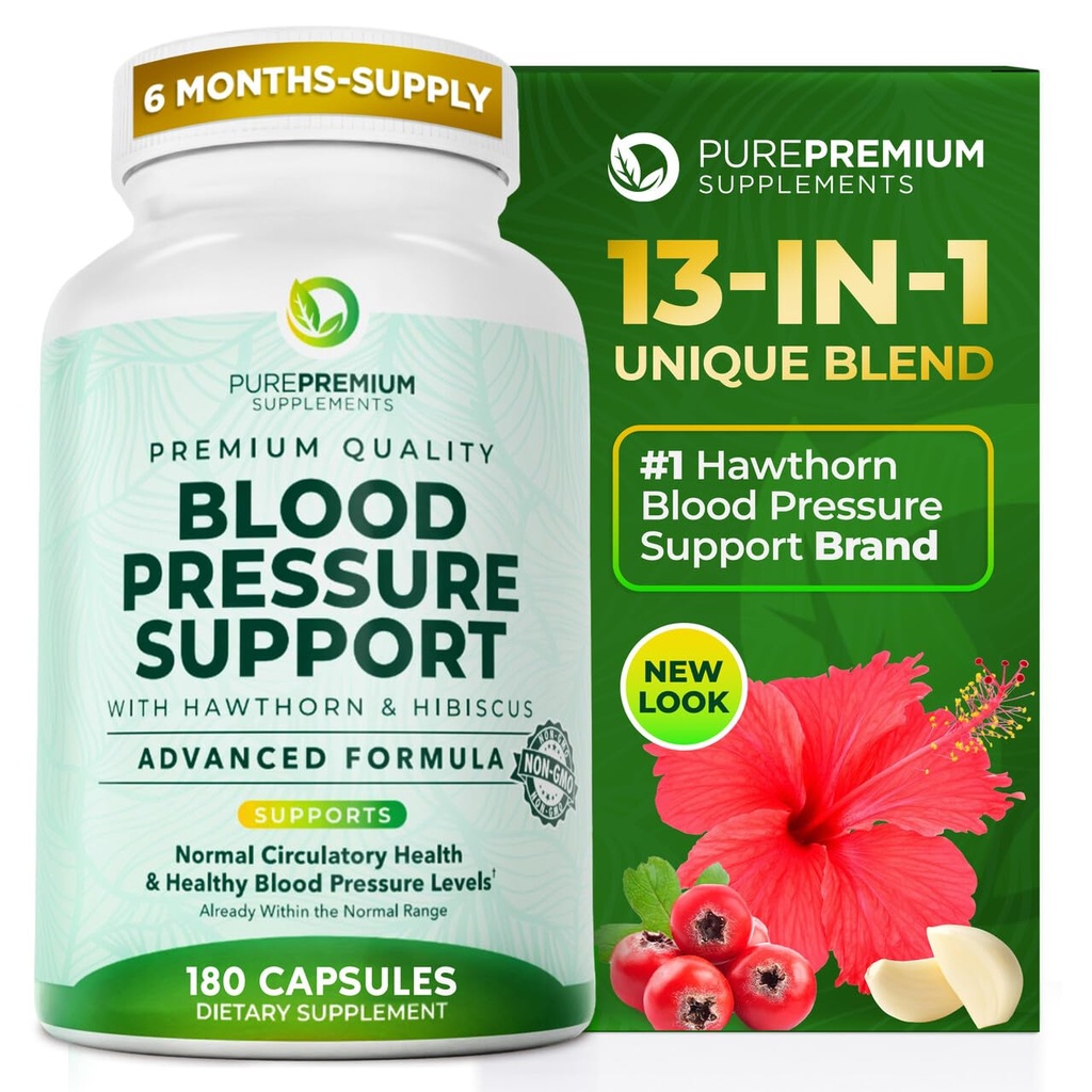 PurePremium blodtrykstillæg med Hawthorn Berry, Hibiscus, hvidløg & Vitamin B12 - Nitrooxid supplement til normal hjerte sundhed, cirkulering sundhed & blodtrykssupport - 180ct