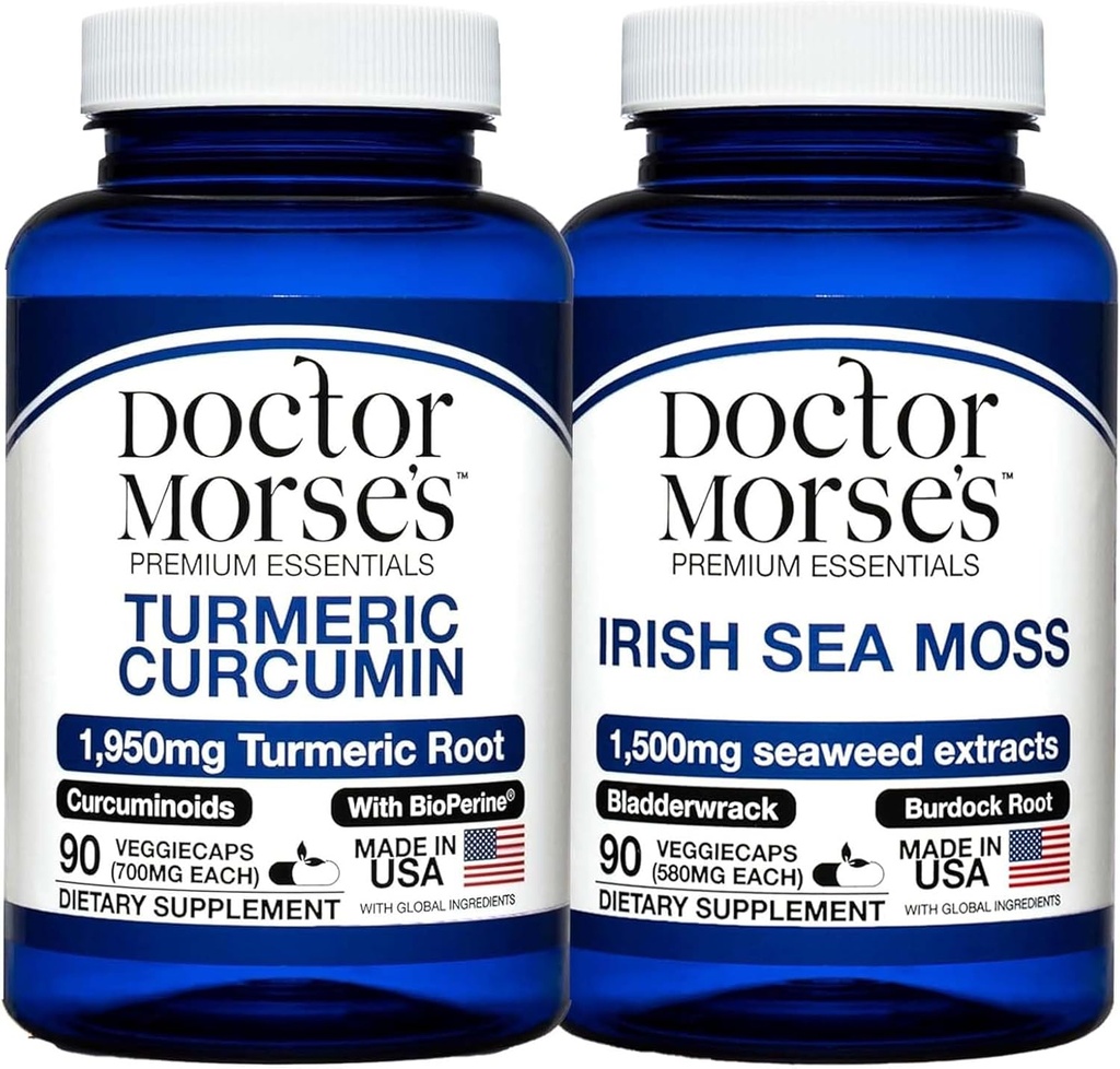 Dr. Morses gurkemeje 1950mg & Irish Sea Moss 1500mg Bundle - Fælles støtte, immunboost, og samlet sundhed med BioPerine og Bladerwrack FDA- Registreret, NSF- Certificeret 90 kapsler