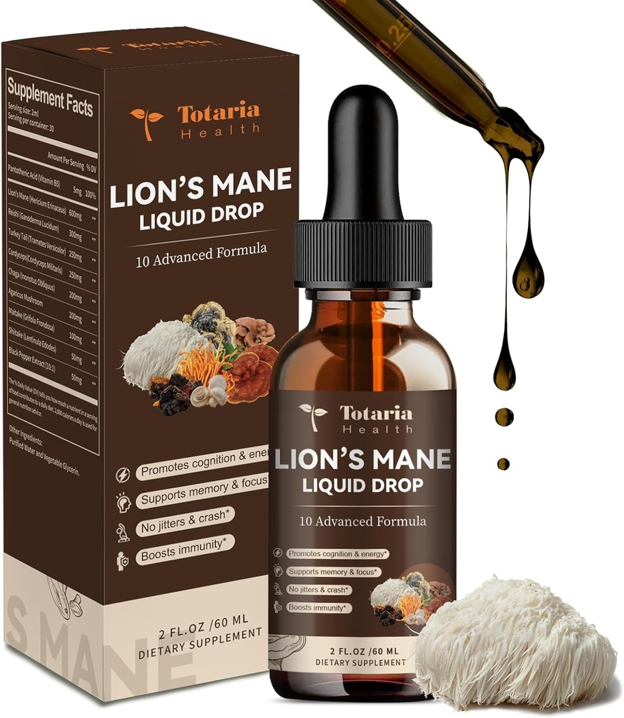 Lions Mane Supplement - Organic Lion 's Mane Mushroom Supplement Extract Liquid Drops Powder - Brain Support Immun Memory Focus Non- GMO, Gluten- Free, Vegansk Natural Tincture Superfood