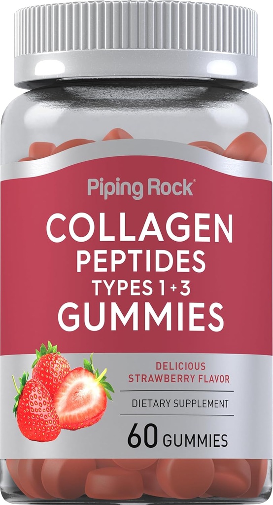 Piping Rock Collagen Gummies ttesmå 124; 60 Greve Beeg 124; Collagen Peptider Type 1 og 3 Beeg 124; Strawberry Flavor ttesmå 124; Bovin Supplement- 124; Non- GMO, Gluten Free