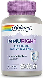 SOLARAY Immufight Maksimalt dagligt forsvar, Alle dage immunforsvar, C-vitamin, D-vitamin, zink, probiotika, Monolaurin, Acerola & mere, Vegan & Gluten Gratis, 60 Day Garanti, 30 Servere, 90 VegCaps