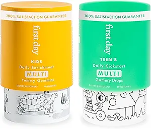 Første dag Multivitamin Gummies Bundle for Kids & Teens - Vitaminer A, B, C, D & K + Folate, Magnesium, & Zink - Made w / Organic Fruits & Veggies, Kun 2g Sukker - 2-Pk, 30 Day Supply Each