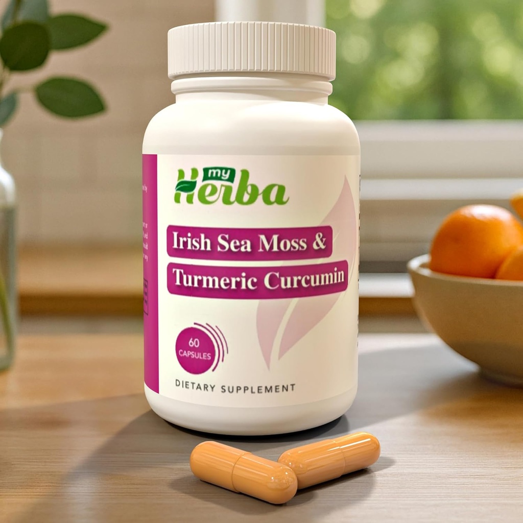 Sea Moss & Gurkemeje supplement - Vegansk formel med Økologisk Irske Hav Moss & Standardiseret Gurkemeje ekstrakt (95% Curcuminoids), fælles støtte og mobilitet for voksne, 60 kapsler