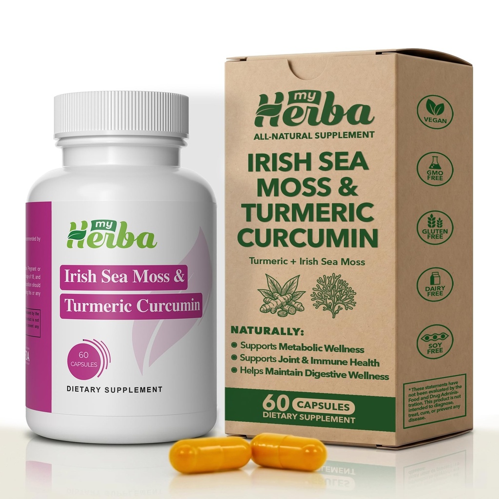 Sea Moss & Gurkemeje supplement - Vegansk formel med Økologisk Irske Hav Moss & Standardiseret Gurkemeje ekstrakt (95% Curcuminoids), fælles støtte og mobilitet for voksne, 60 kapsler
