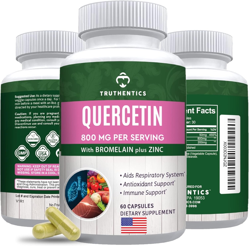 TRUTHENTICS Quercetin med bromelain og zink 1050mg - Premium Zink Quercetin Kosttilskud til immunforsvar, luftveje og sæsoniske hjælpemidler - ikke-GMO, Gluten Free - 60 Veggie kapsler