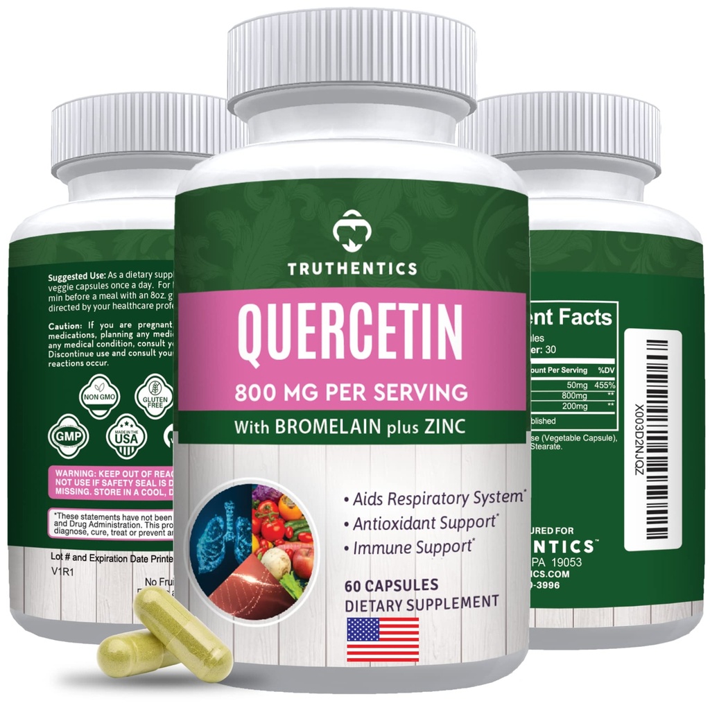 TRUTHENTICS Quercetin med bromelain og zink 1050mg - Premium Zink Quercetin Kosttilskud til immunforsvar, luftveje og sæsoniske hjælpemidler - ikke-GMO, Gluten Free - 60 Veggie kapsler