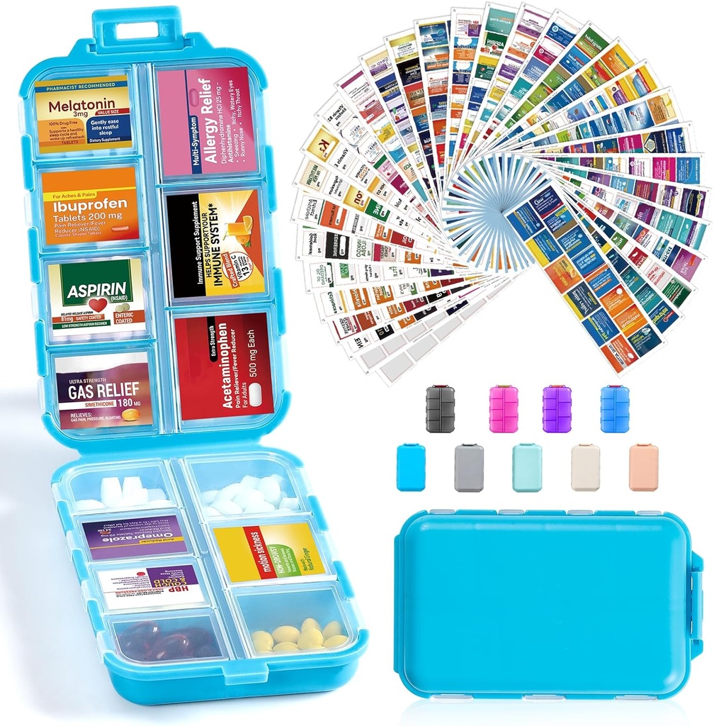 14 Grids Travel Pill Organizer Box med 415-Pcs Medicine Navn Labels - Pocket Daily Apotacy Case Container Kit - Travel Medication Holder Dispenser for Fish Oil Vitamin Supplement Storage - Blå