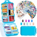 14 Grids Travel Pill Organizer Box med 415-Pcs Medicine Navn Labels - Pocket Daily Apotacy Case Container Kit - Travel Medication Holder Dispenser for Fish Oil Vitamin Supplement Storage - Blå