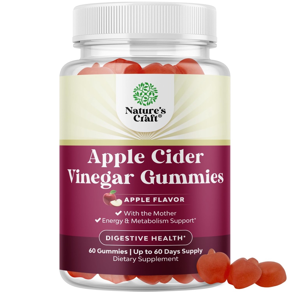 Apple Cider Vineddike Gummies med mor - Rense & Detox ACV Gummies for vægttab, Gut Sundhed, Bloating, Metabolisme & Energistøtte - ACV med mor med B12 Vitamin, B6 & Pomegranat - 60 Ct