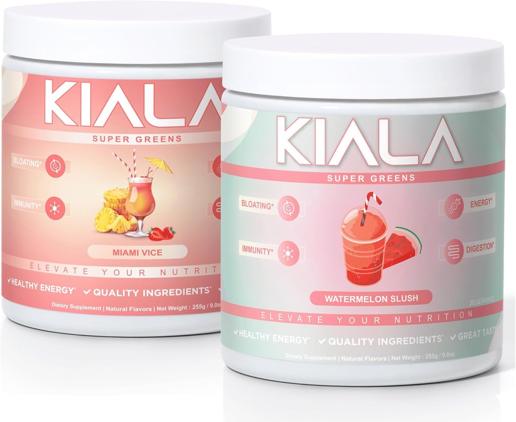Kiala Nutrition Super Green, Organic Green Powder, Spirulina & Chlorella Superfood Powder, Sugar & Gluten Free Vegan, Spectra Blend, Miami Vice, Watermelon Slush 2 Pack