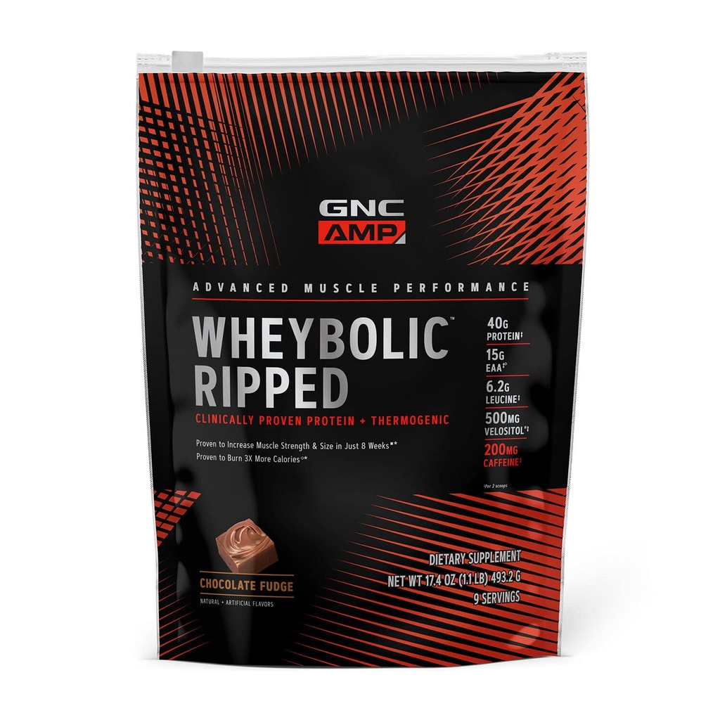 GNC AMP Wheybolsk Ripped Protein Powder & Thermogen Supplement, Øger muskelstyrke & størrelse, Energi & Endurance, 40g Protein, 6,2g Leucin, 15g EAA, Koffein, Chokolade Fudge, 9 Servering