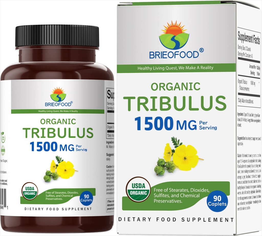 Brieofood Organic Tribulus 1500mg, 45 Servering, Vegetarisk, Gluten Gratis, 90 Vegetariske tabletter