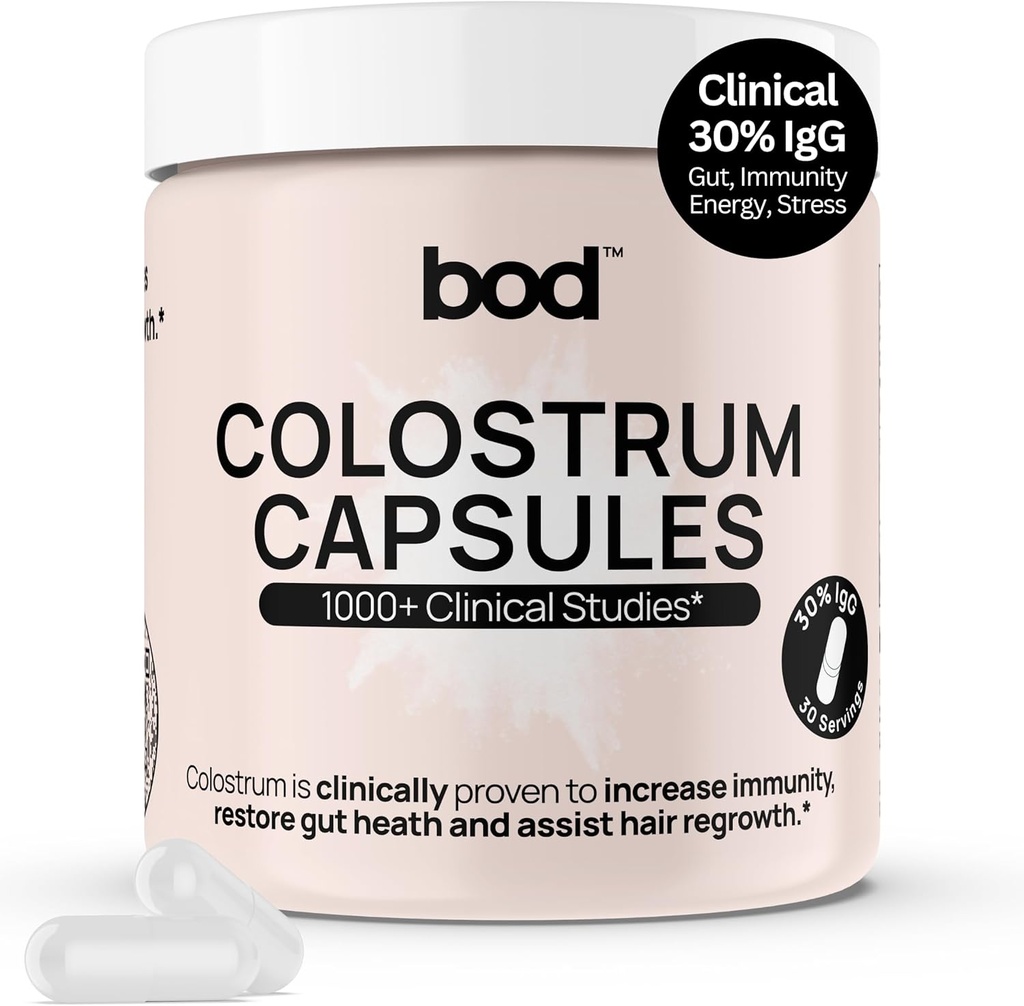 Bod Colostrum Capsules, Colostrum Supplement for Skin & Hair Growth Support, Immune Support, Gut Health, Muscle & Wellness, IgG 30% Pure Superfood Bovine Colostrum Pills, Unflavored, 30 Servings