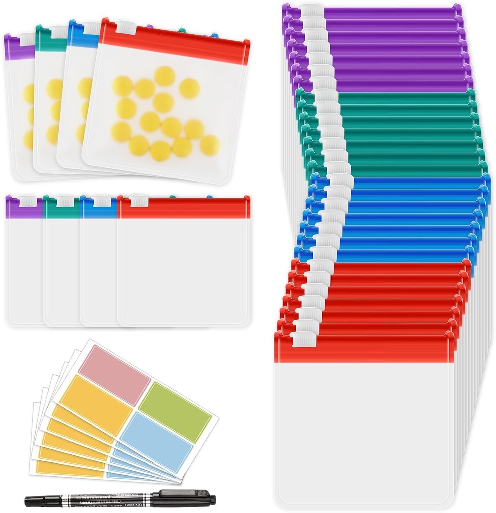 MARFOREVER 39 Pcs Pill Pouch Tasker sæt - Pill Tasker Rejseudstyr Pill Organizer Genanvendelig medicin Organizer Opbevaring Pouches Self Sealing 28 Pcs Plastic Medicine Tasker 10 Sheets Labels og 1 Pc Marker