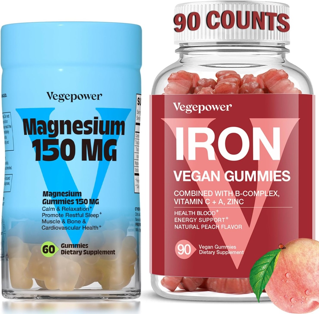 Jern supplement med Magensium Gummies, Vegansk Jern Gummies med C-vitamin, A, B- kompleks, Folate, Zink til voksne og børn, for jernmangel, Anæmi, Afslappende søvn, ikke-GMO