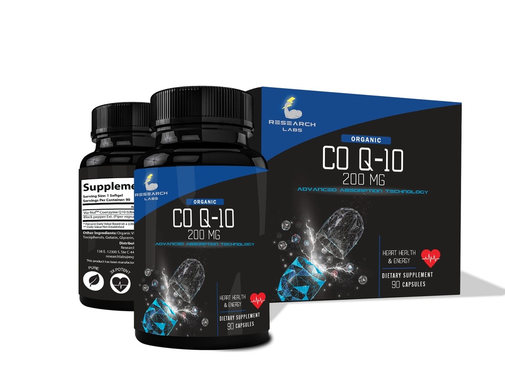 Research Labs Advanced Absorption 200mg CoQ10 w / Black Pepper Extract. 90 Softgels. Økologisk, Gluten Free, Heart Health Support, Energiproduktion, Antioxidant Supplement
