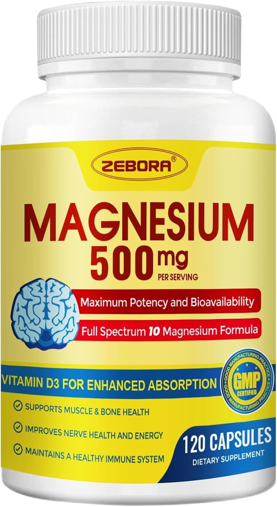 10- in-1 Magnesiumkompleks supplement, Magnesiumglycinat 500 mg med citrat & malat, chelateret høj Absorption Plus D3- vitamin & zink - for nerve, muskel & ben Support - 120 kapsler