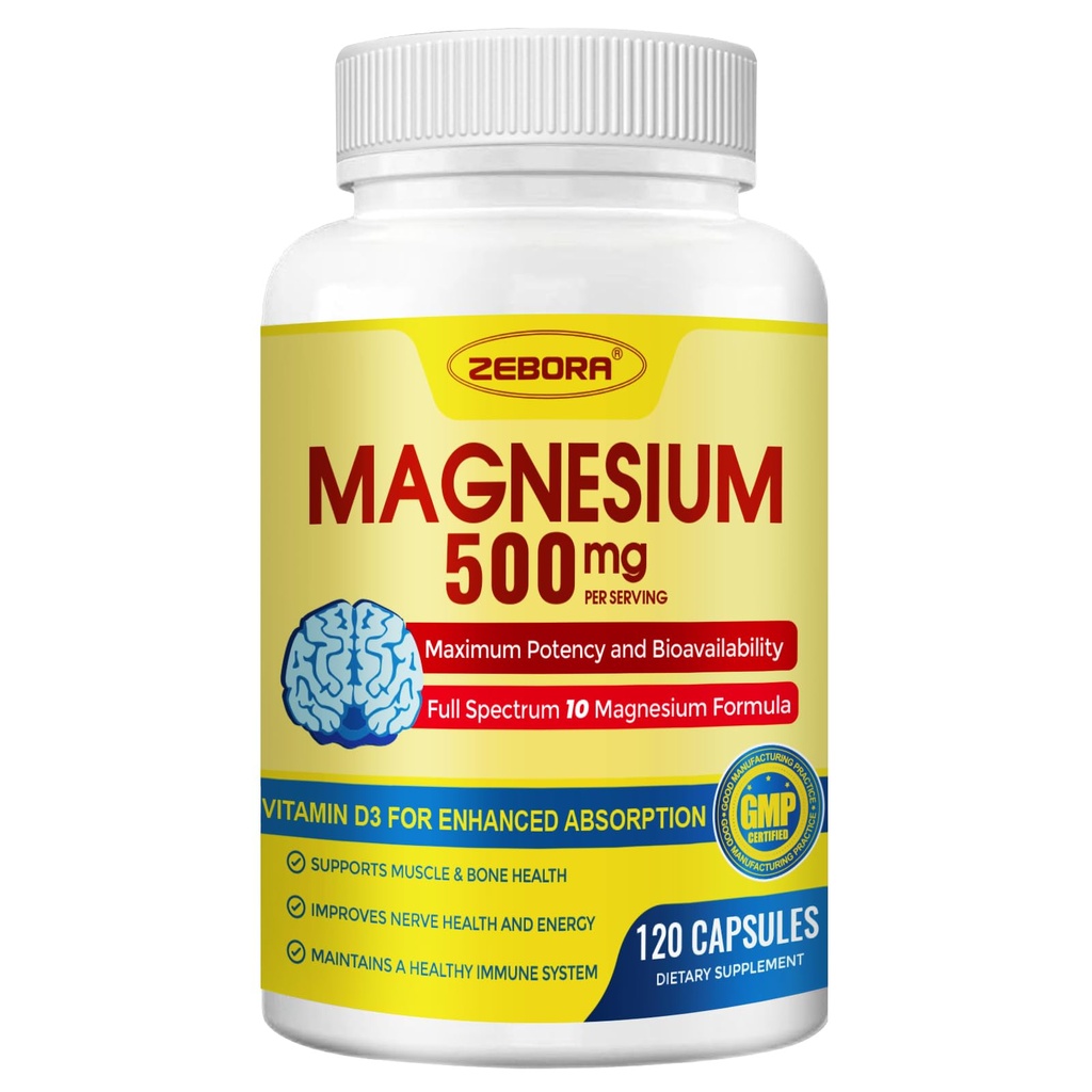 10- in-1 Magnesiumkompleks supplement, Magnesiumglycinat 500 mg med citrat & malat, chelateret høj Absorption Plus D3- vitamin & zink - for nerve, muskel & ben Support - 120 kapsler