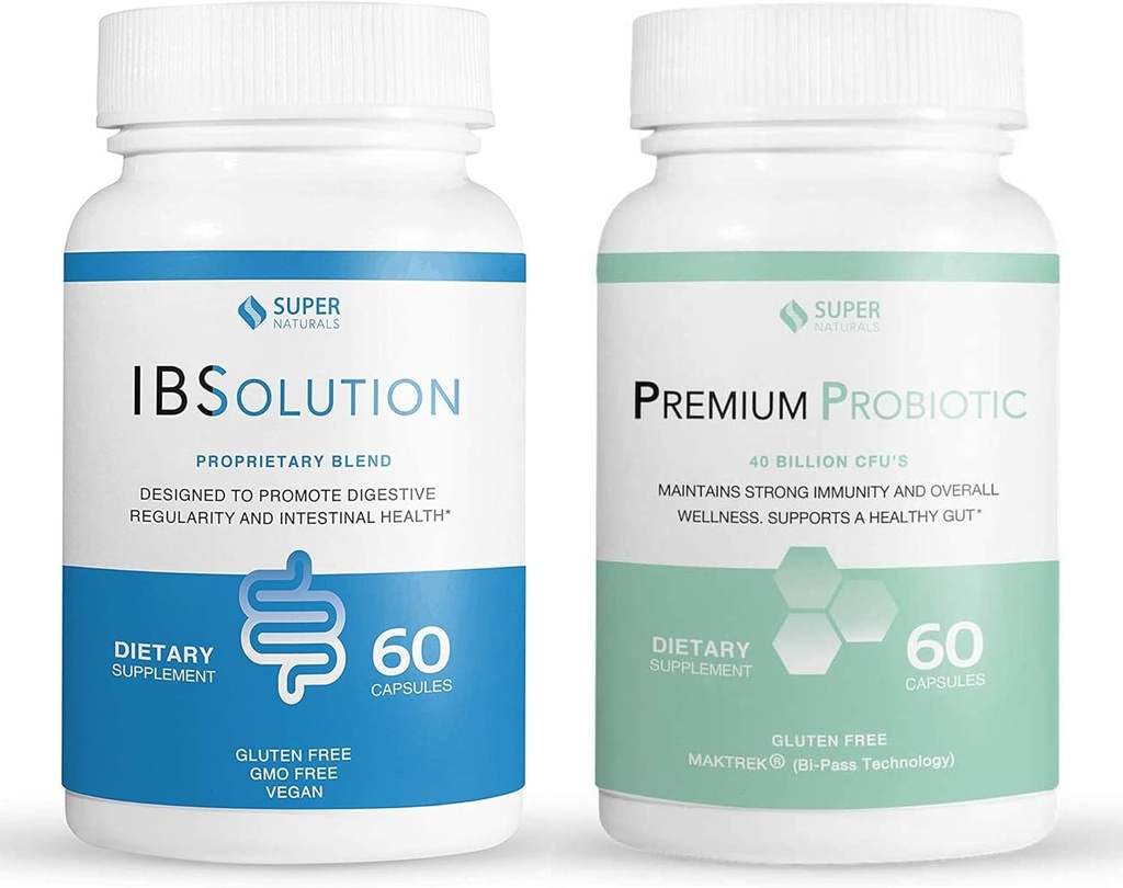 IBSolution Gut Health Bundle - All Natural Gut Health Support & Premium Probiotika w / 40 Millioner CFU til støtte af uregelmæssige tarme, bloating, obstipation, Gas, abdominal smerte - 2 Pack (120 Caps)