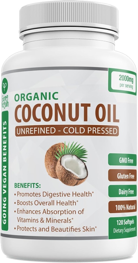 Organic Coconut Oil Capsules 2000mg - 100% Ekstra Virgin, Kold presset for sund hud, Ekstra hårvækst, Nail Care, Brain Booster - 120 Softgels - Uraffineret Pure & Ikke GMO piller - Rig i MCT