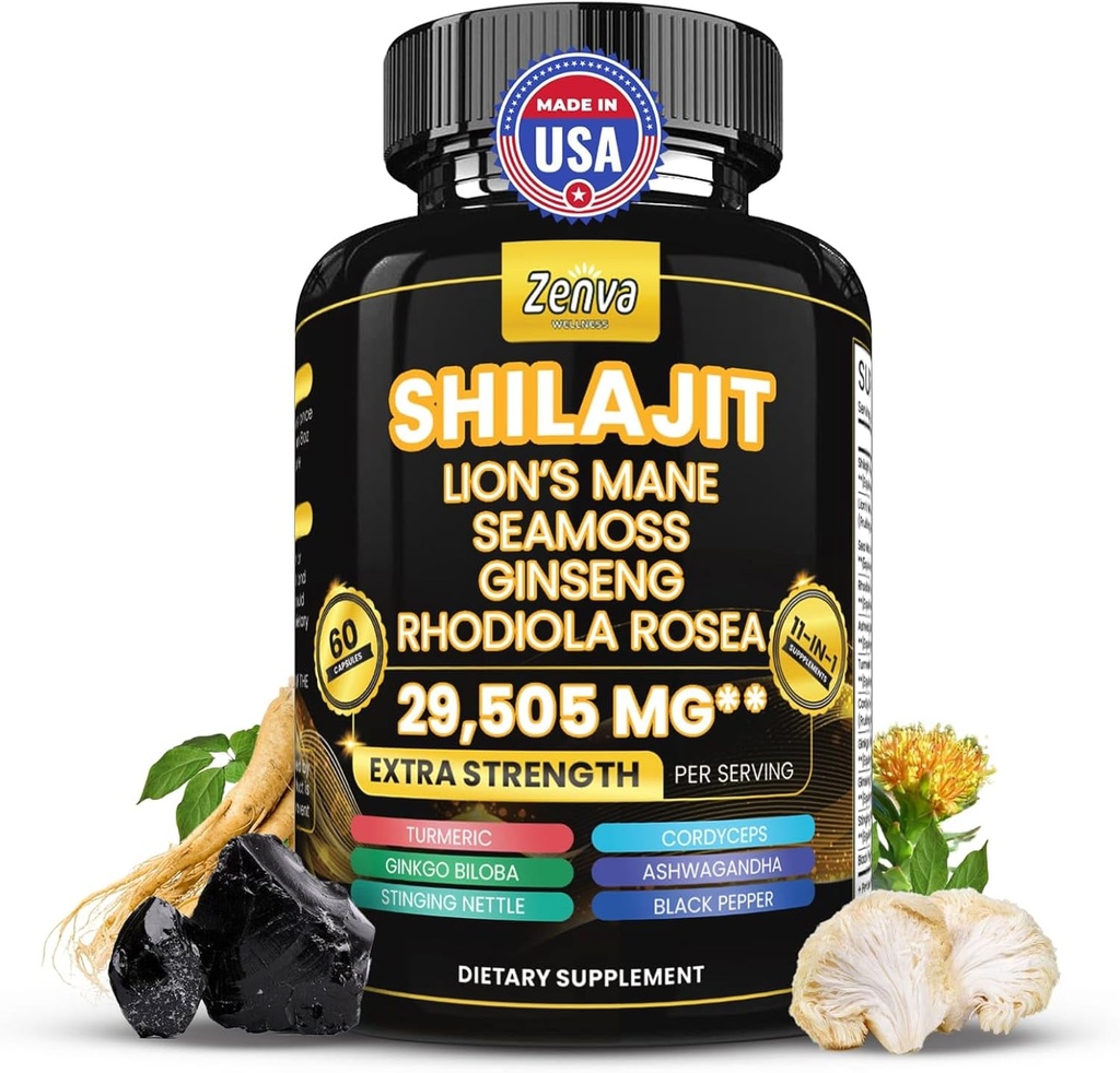 Shilajit og Sea Moss Combo Pure Shilajit til mænd og kvinder Himalayan Shilajit Kapsler Ekstra Styrke med Lions Mane, Rhodiola Rosea, Ashwagandha, Cordyceps, Ginseng Plus gurmerisk
