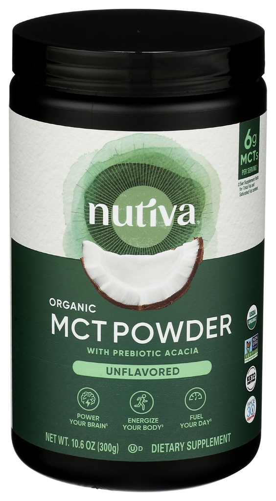 Nutiva Organic MCT Pulver med Prebiotic Acacia Fiber, Classic, 10.6 Oz, USDA Organic, Non- GMO, Non- BPA, Vegan, Gluten- Free, Keto & Paleo, Instant Beverage eller Boost til kaffe & Smoothies