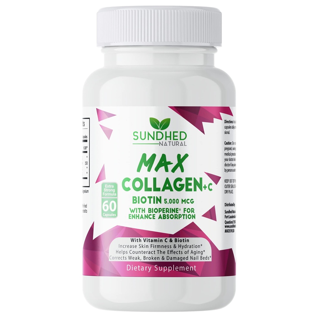 Max Collagen Plus C (60 hætter) - Alle naturlige kollagen kapsler med Biotin & Bioperine til Boost Anti Aging Hydration & Hud Firmness - Collagen piller til at styrke knogler og negle