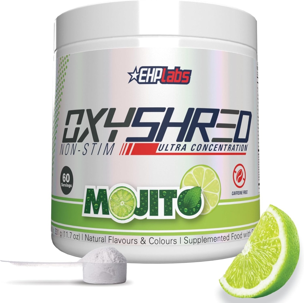 EHP Labs OxyShred Ikke Stimulant Pre Workout Powder - Stim Free Pre Workout, Koffein Gratis Preworkout for mænd og kvinder - Ikke Stim Preworkout - Sukker Free Energy Powder - Mojito, 60 Servering