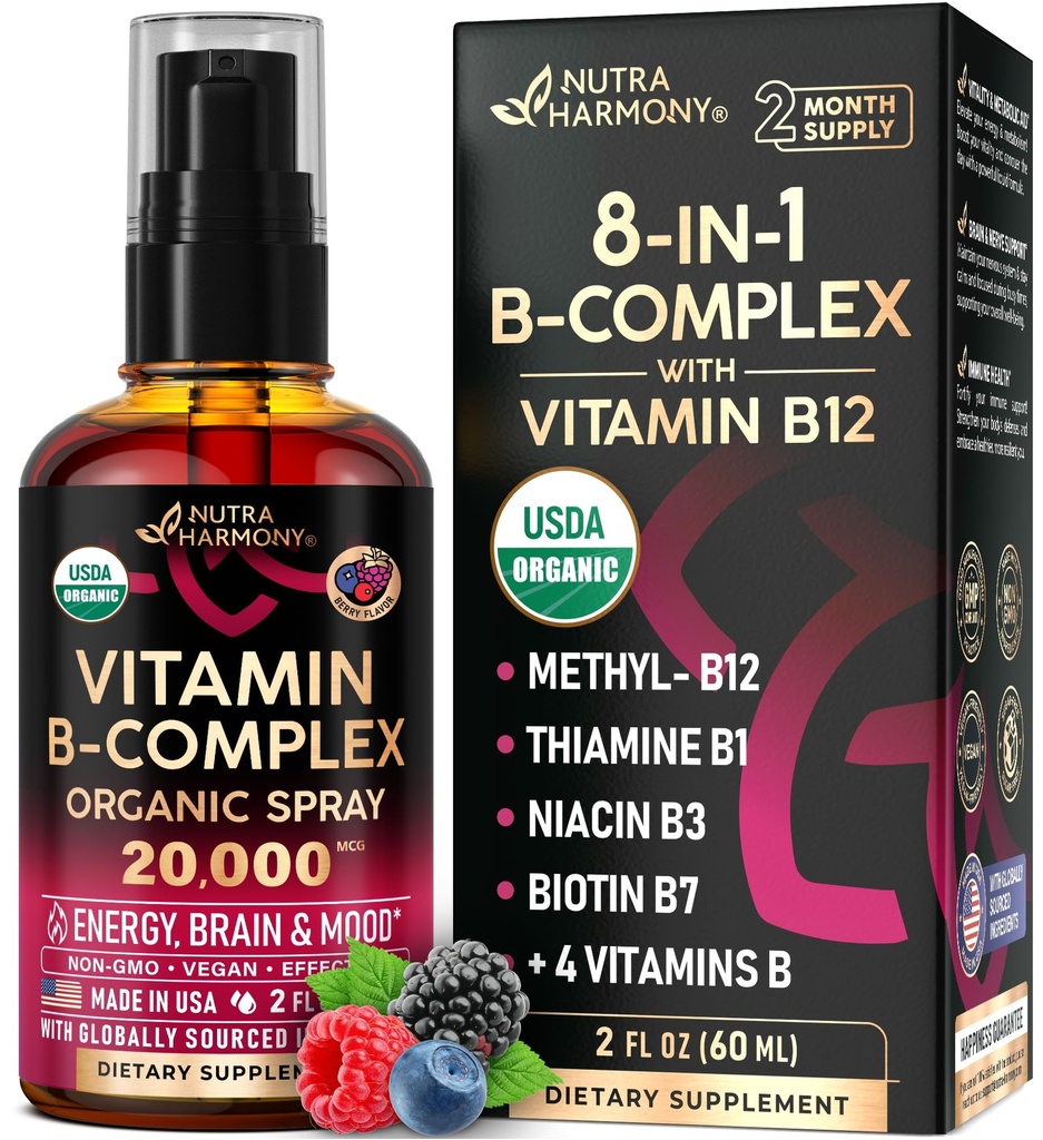 USDA Organic Vitamin B- Complex Liquid Spray 8- in-1 - B5 Pantothensyre (124); B12 Methylcobalamin (124); B1 thiamin (124); B6 Pyridoxin (124); B7 Biottin (124); B9 folinsyre (124; B3 Niacinamid - Made in USA Supplement, 2fl oz