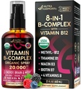 USDA Organic Vitamin B- Complex Liquid Spray 8- in-1 - B5 Pantothensyre (124); B12 Methylcobalamin (124); B1 thiamin (124); B6 Pyridoxin (124); B7 Biottin (124); B9 folinsyre (124; B3 Niacinamid - Made in USA Supplement, 2fl oz