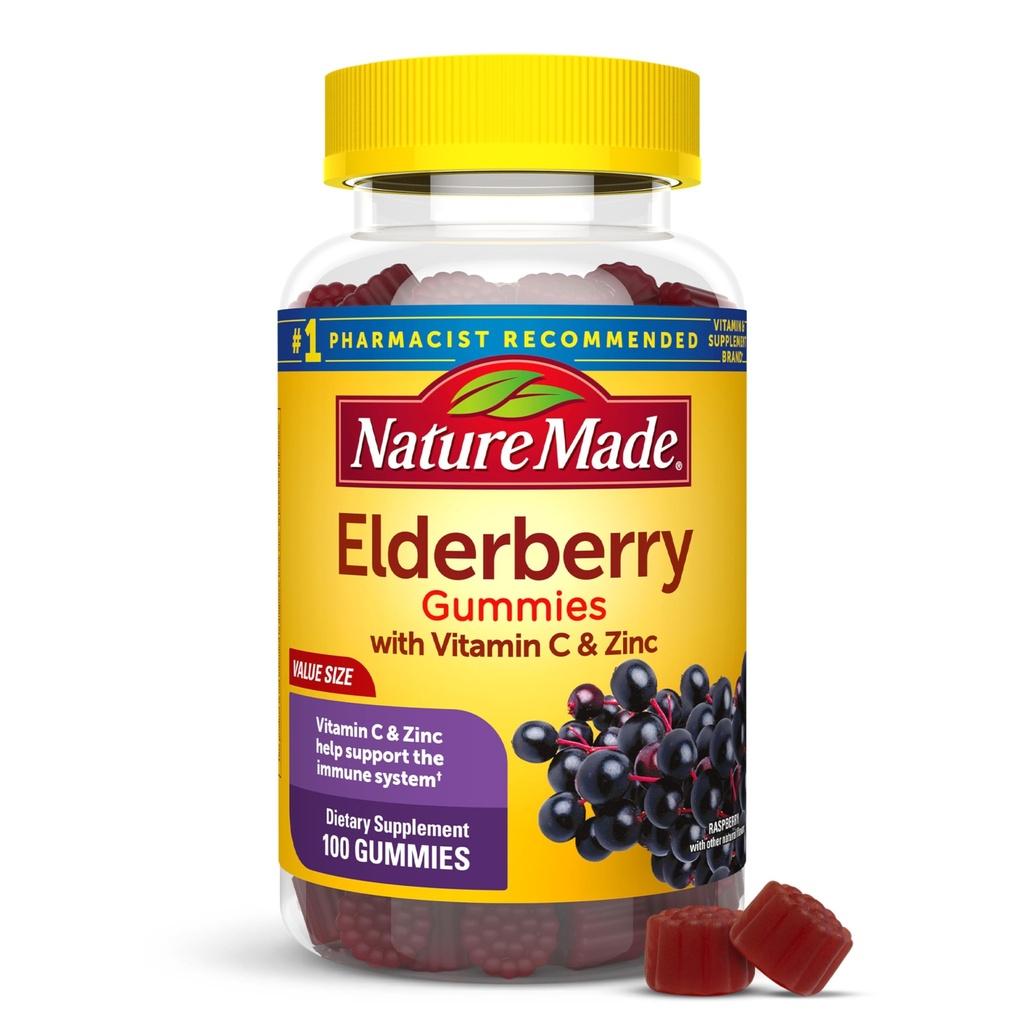 Nature Made Elderberry med C-vitamin og zink, Kosttilskud til immunforsvar, 100 gummier, 50 dages forsyning