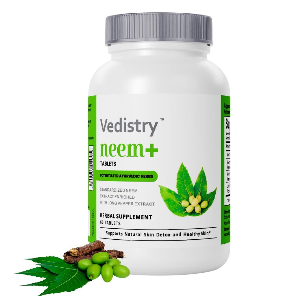 Neem + Leaf Extract Kosttilskud er 124; 1100mg understøtter klar hud, afgiftning og immunforsvar er 124; Reducerer Acne & fremmer sund hud med lang pepper er 124; 60 Veganske tabletter