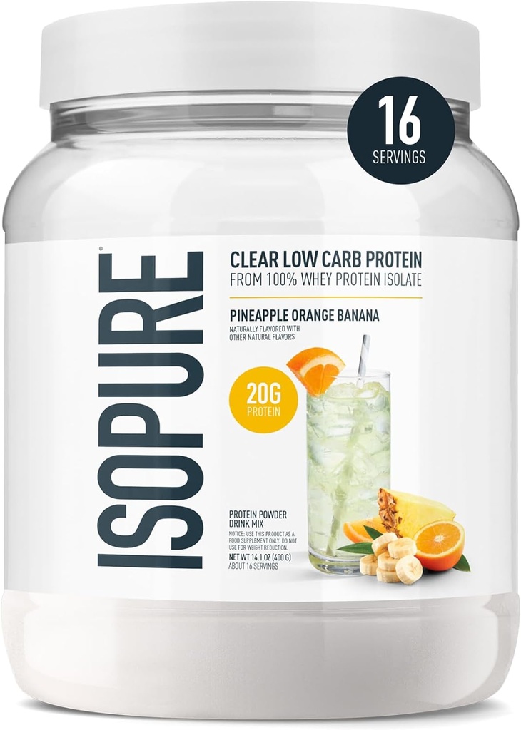 Isopure Clear Whey Isolate Protein Powder, Lactose Free, Gluten Free, naturligt aromatiseret, Ananas Orange Banana, 20g Protein Per Servering, 14.1 Oz, 16 Servere (Packaging May Vary)