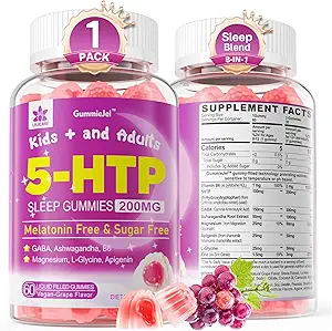 5HTP Gummies for voksne & børn 8 +, Melatonin Free Gummies med Magnesium Glycinat, GABA, L- Glycin, Ashwagandha, vitamin B6 for lækre Zzzs, Brain & Muscle Relaxation, 0 Sukker 60 Count (pakke med 1)