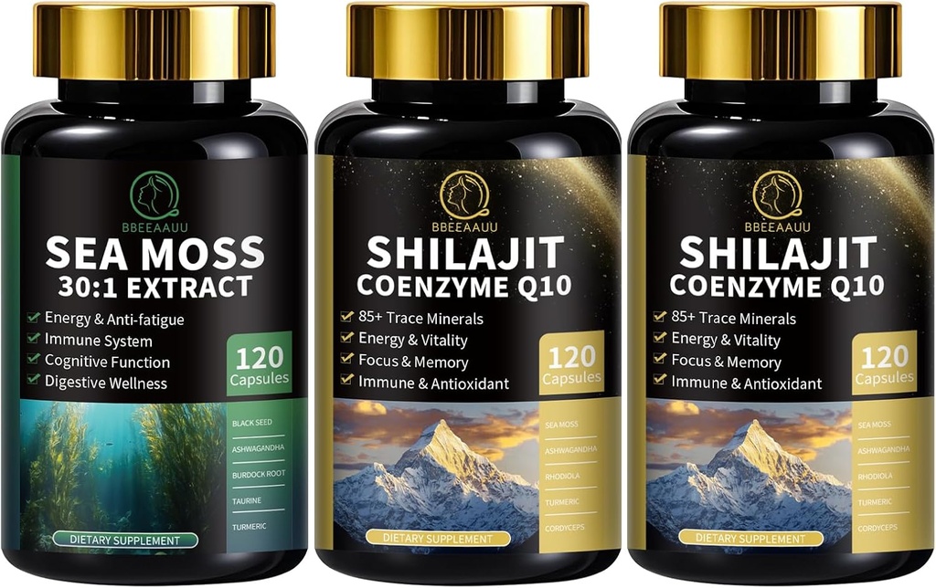 Sea Moss og Shilajit kapsler til mænd og kvinder, Alle i 1 Kosttilskud med Shilajit, Sea Moss, Coenzym Q10, Black Seed, Ashwagandha, Burdock for Energy, Antioxidant & immunforsvar