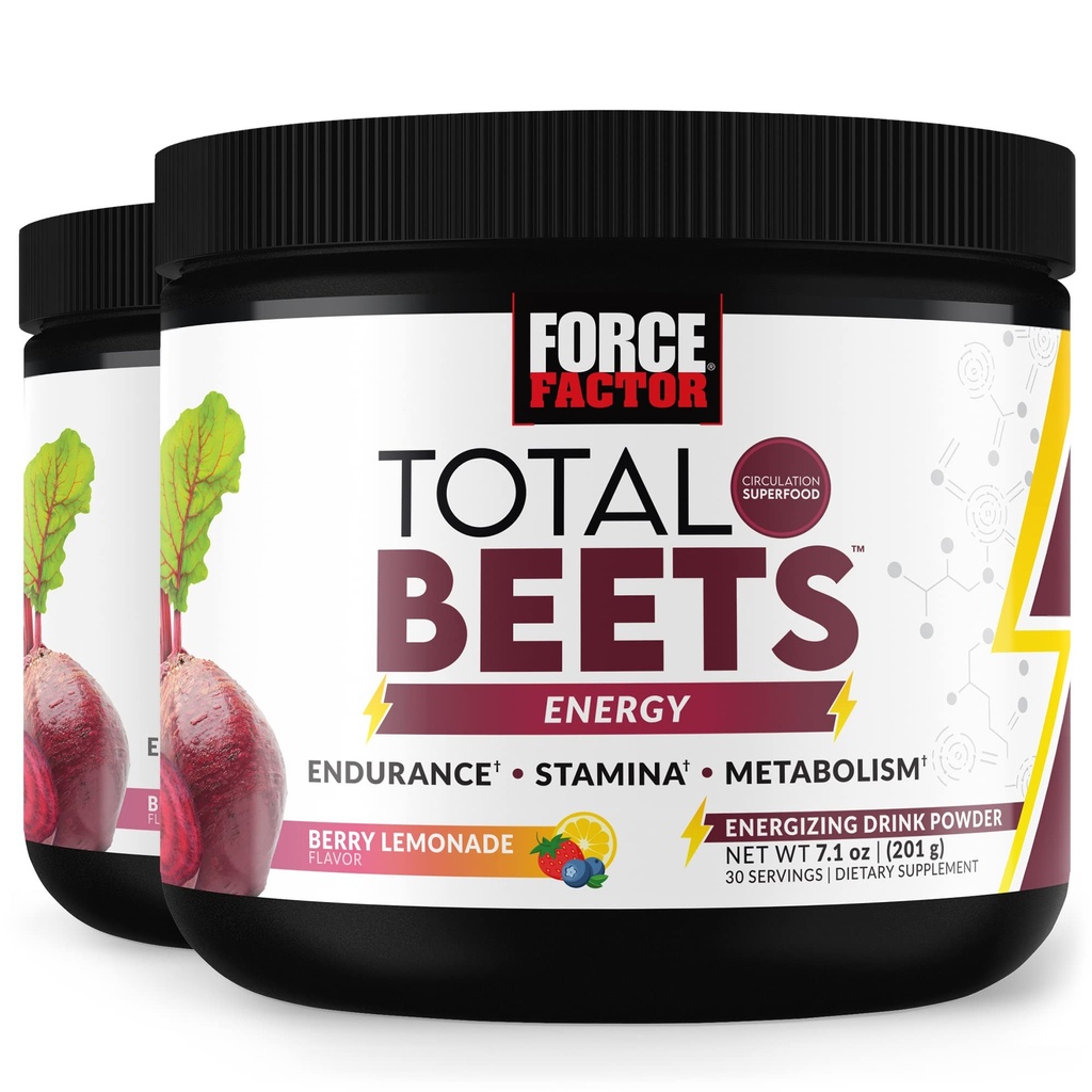 FORCE FACTOR Total Beets Energy Drink Mix 2- Pack, Superfood Beet Root Powder, Nitrater til Boost Energy, Support Circulation, Blood Flow, Nitroc Oxide og Stamina, Heart Health Supplement, 60 Serveringer