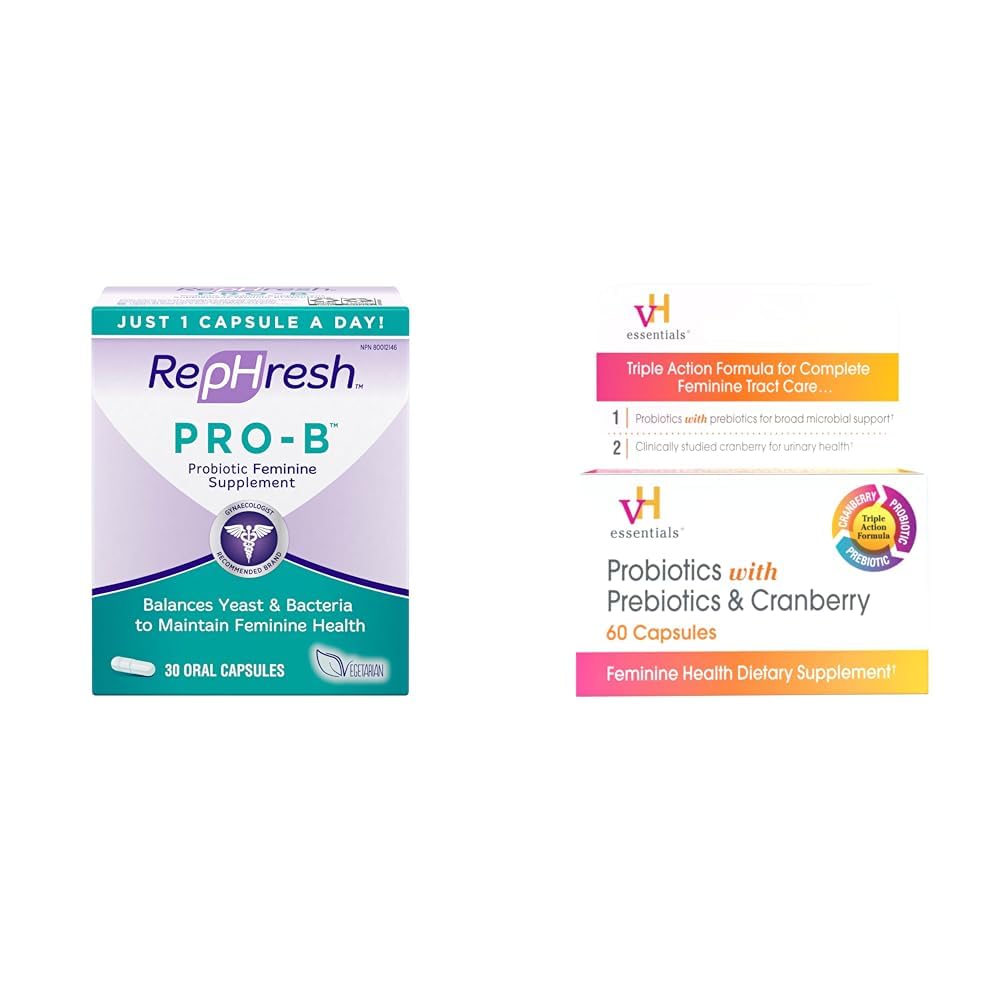 Opfrisket pro- B probiotisk supplement til kvinder, 30 orale kapsler & vH Essentials Probiotika med Prebiotika og Cranberry Feminin Health Supplement - 60 kapsler