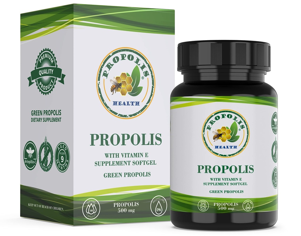 Propolis Health Propolis Kapsler 1000mg- Dagligt med E-vitamin per dosis - Pure Brasiliansk Green Propolis Extract - Immunbooster 50 dages forsyning -100 kapsler