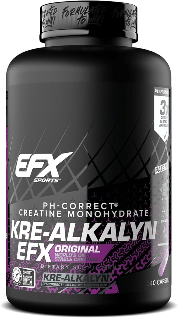 EFX Sports Kre-Alkalyn EFX | pH Correct Creatine Monohydrate Pill Supplement | Strength, Muscle Growth & Performance | 120 Servings, 240 Capsules
