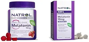 Bundle of Natrol Time Release Melatonin 10 mg 100 Tablets, Kosttilskud til afslappende søvn, & Natrol Time Release Melatoning 3 mg Gummies, 35 Strawberry- Flavored Melatonin Gummies, 35 Day Supply