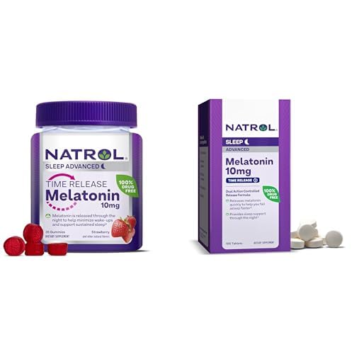 Bundle of Natrol Time Release Melatonin 10 mg 100 Tablets, Kosttilskud til afslappende søvn, & Natrol Time Release Melatoning 3 mg Gummies, 35 Strawberry- Flavored Melatonin Gummies, 35 Day Supply