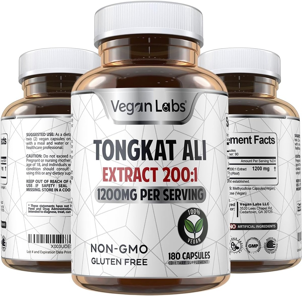 Vegan Labs Tongkat Ali 200: 1 Extract, 1200MG Per Servings - 180 Vegan Capsules - Understøtter energi og Stamina- Gluten Gratis, Non- GMO Premium kvalitet supplement