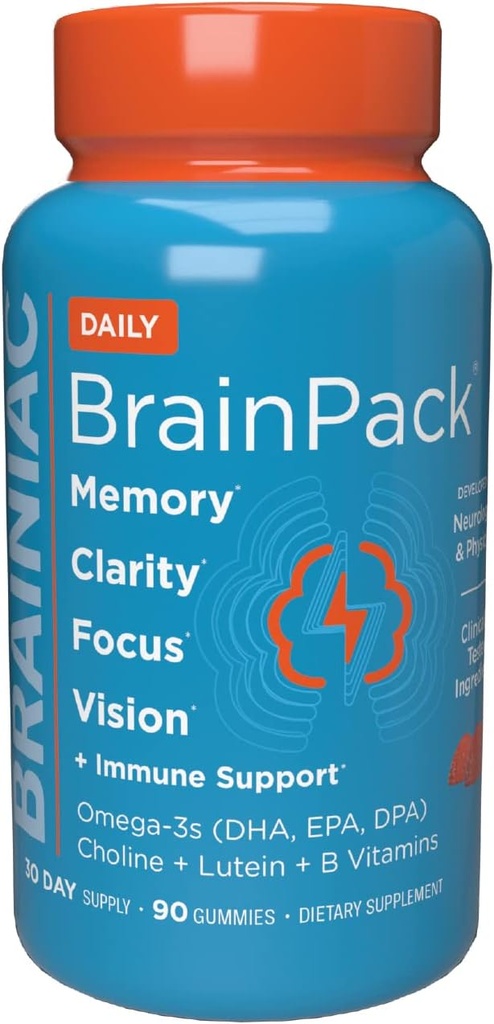 Brainiac Daily BrainPack Gummies, Understøtter Brain Health med Omega 3 DHA EPA DPA, Cholin, B6 & B12 og Lutein for Eye Health med immunforsvar, Citrus Berry Flavor, 90 ct