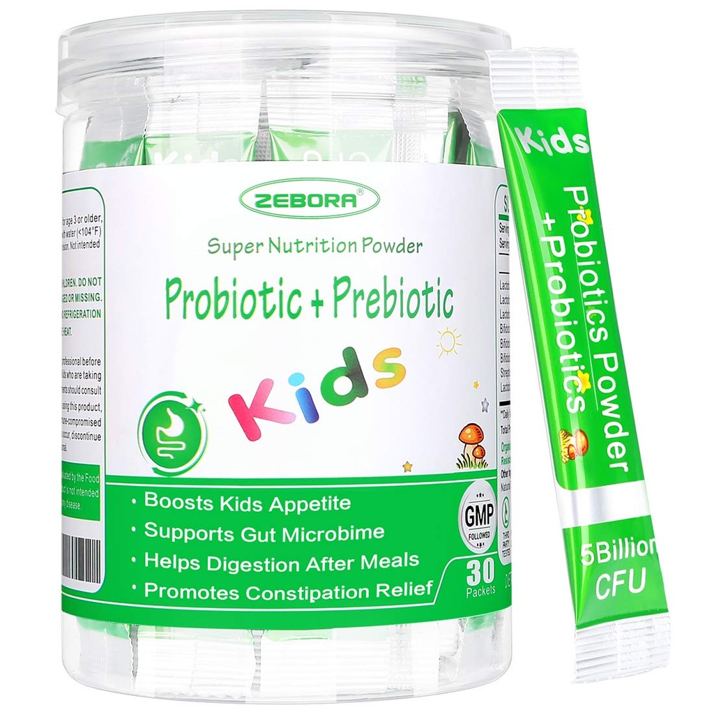ZEBORA Kids Probiotika & Prebiotika Powder Age 3 + Support Children 's fordøjelsessystem & immunsystem med naturlig kilde, fremmer Forstoppelse Relief, Non- GMO, Gluten- Free, 30 Pakker med 5 Millioner CFU' er